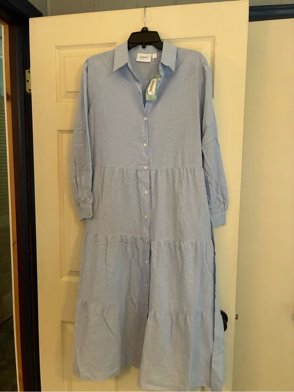 National Light Blue Tiered Button-Front Shirt Dress